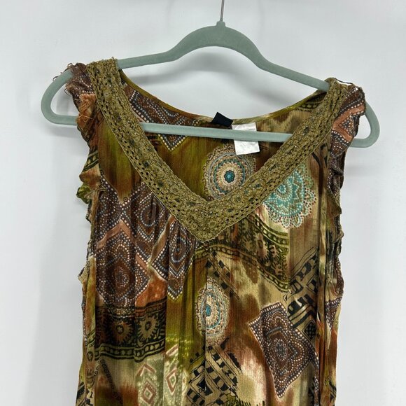 Y2K Bohemian Boho Beaded Mini Dress Women's L Brown Green Sleeveless Lightweight - Picture 2 of 10